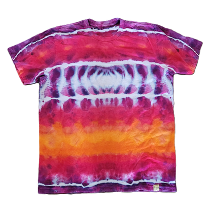 Tie-dye t-shirt with a gradient of pink, orange, and purple on a white background