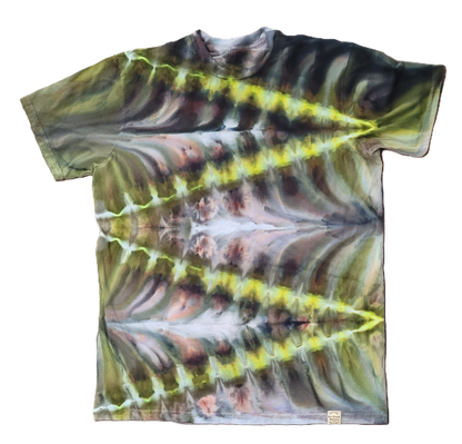 Tie-dye t-shirt with a unique pattern on a wooden surface