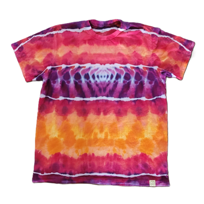 Tie-dye t-shirt with a vibrant pattern on a white background