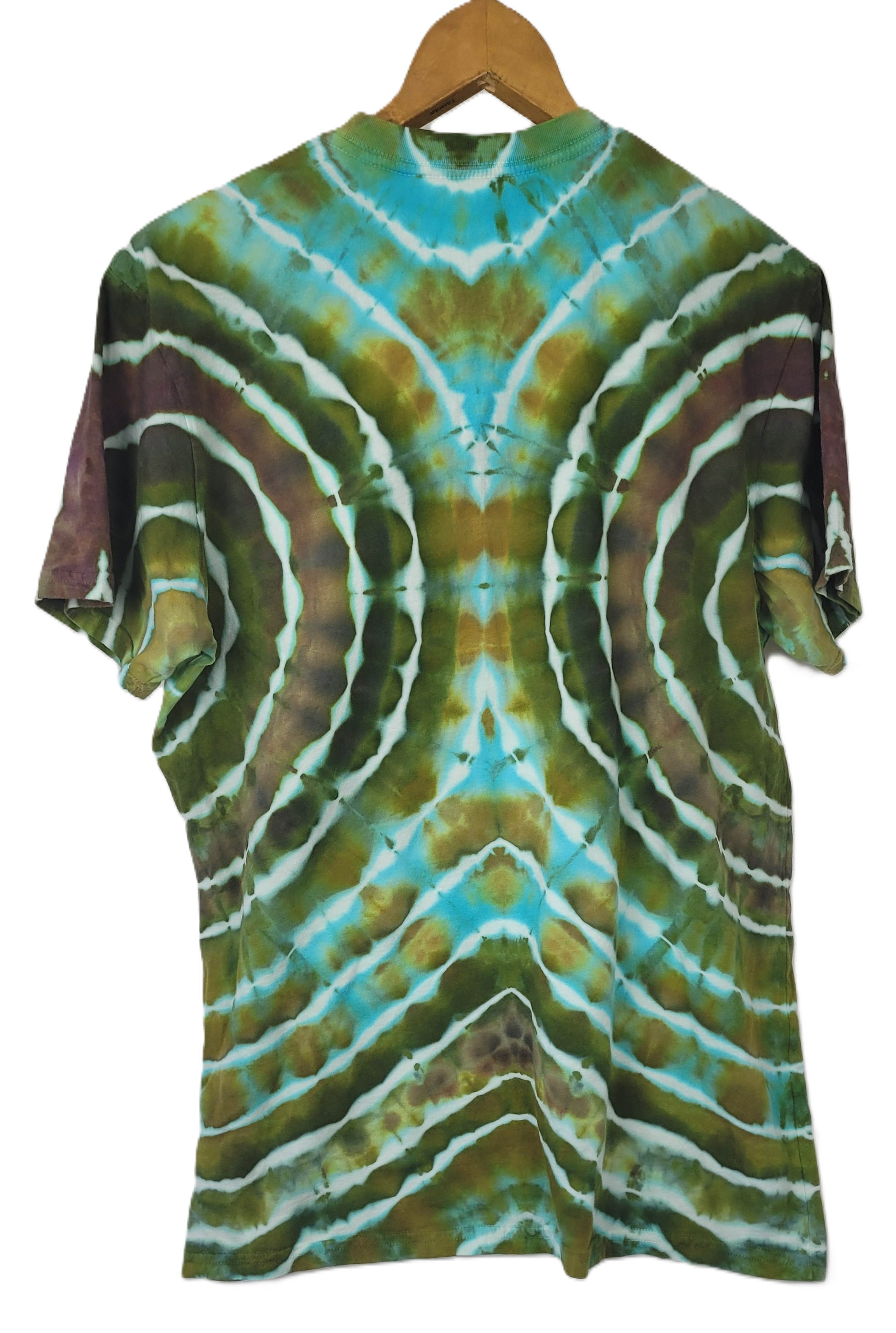 Tie-dye shirt on a hanger with a white background