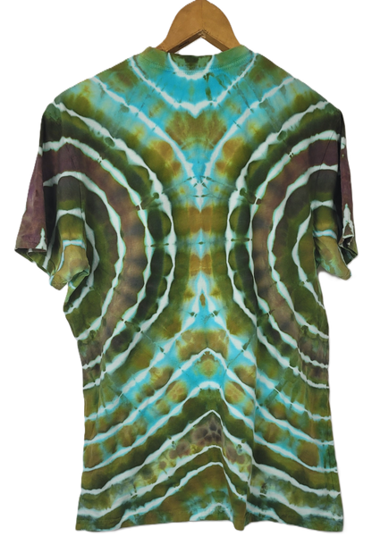 Tie-dye shirt on a hanger with a white background