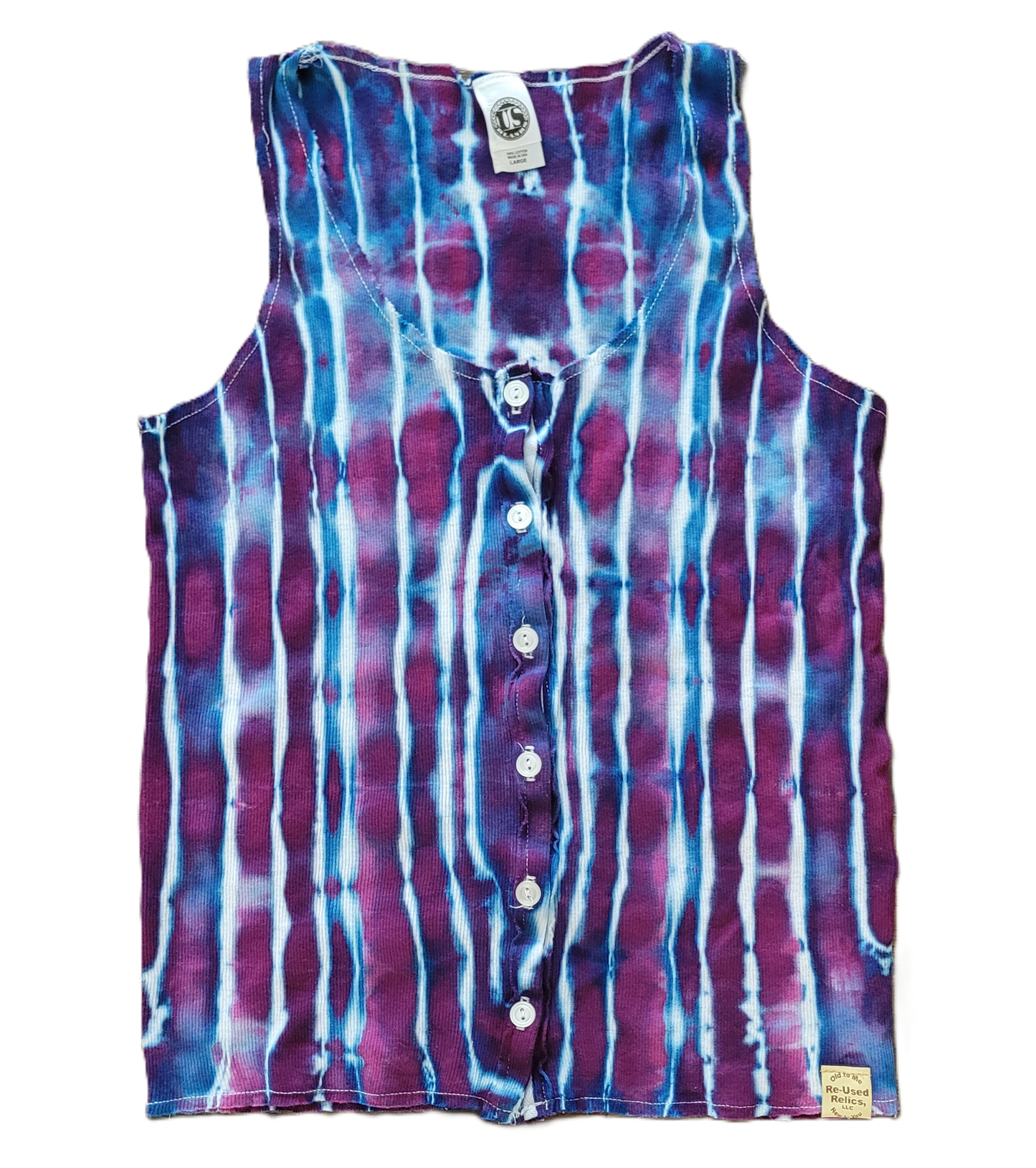 Tie-dye sleeveless shirt with button details on a white background