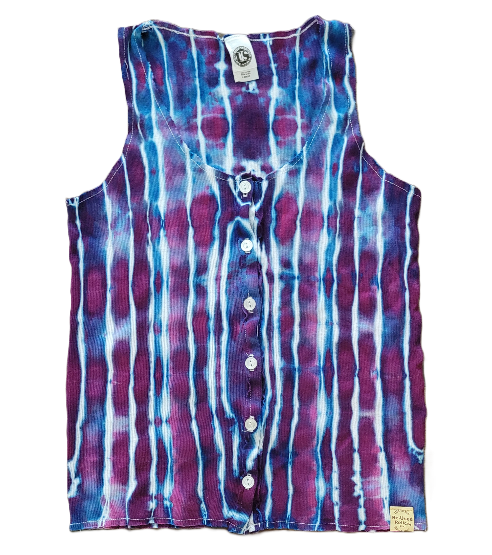 Tie-dye sleeveless shirt with button details on a white background