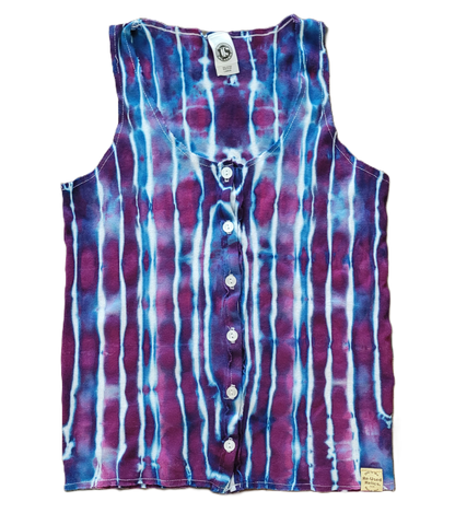 Tie-dye sleeveless shirt with button details on a white background