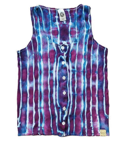 Tie-dye sleeveless shirt with button details on a white background