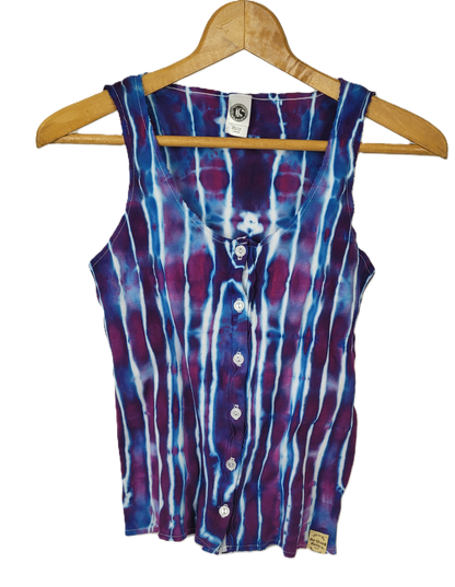 Tie-dye sleeveless shirt with button details on a white background