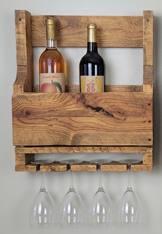 Wooden wine rack with two bottles and four glasses on a plain background