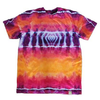 Tie-dye t-shirt with a vibrant pattern on a white background