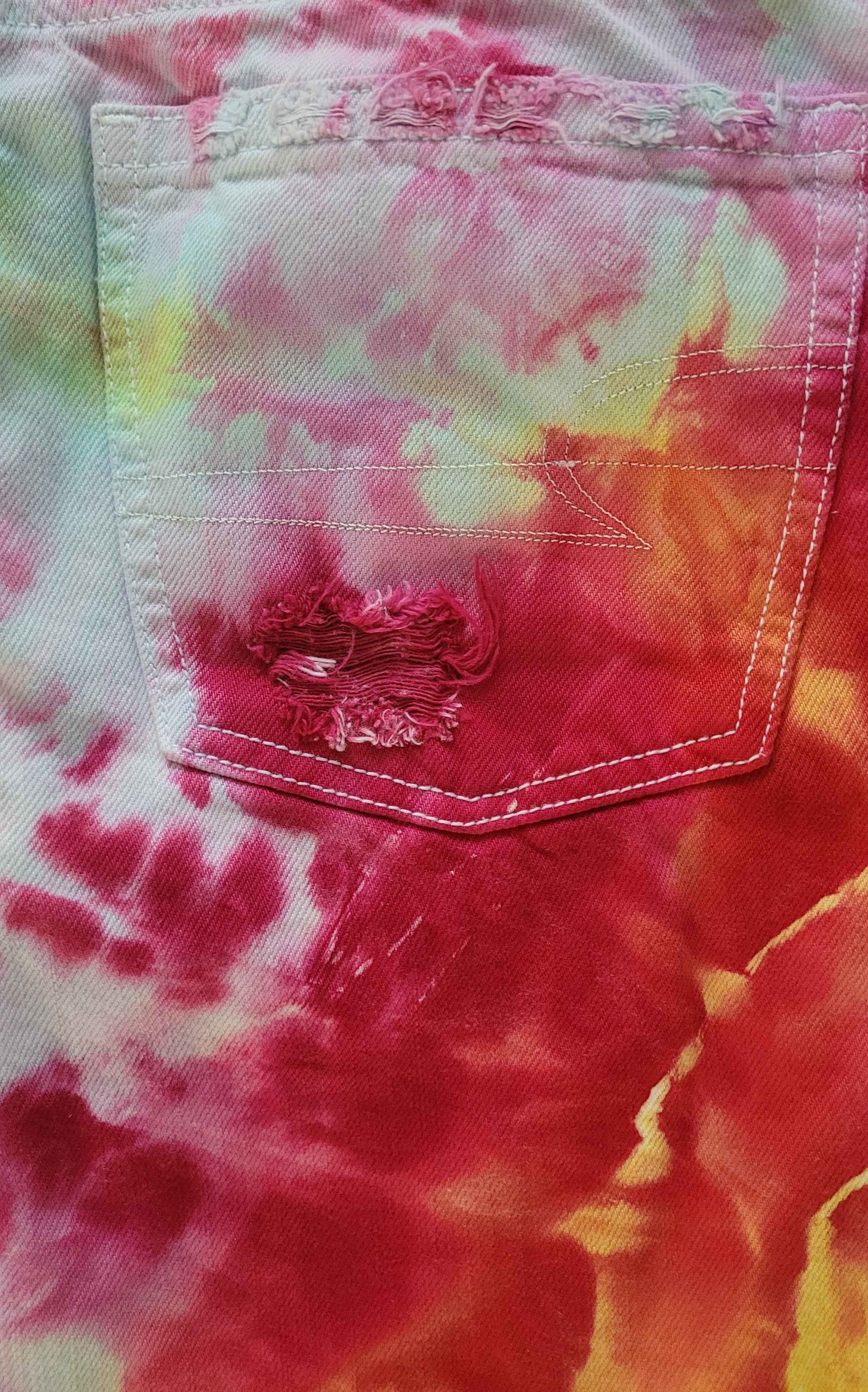 Tequila Sunrise Upcycled Distressed Denim Jeans – Adult, Ladies, Size 2