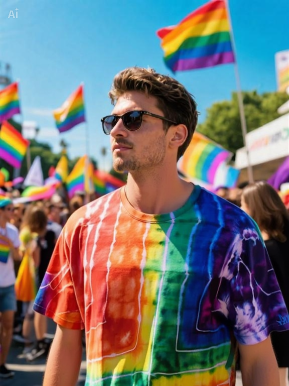 Man wearing a tie-dye rainbow shirt at a pride parade with rainbow flags in the background.