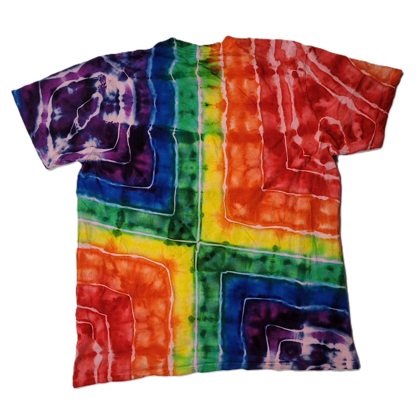 Colorful tie-dye shirt with a rainbow pattern on a white background