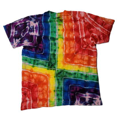 Colorful tie-dye shirt with a rainbow pattern on a white background