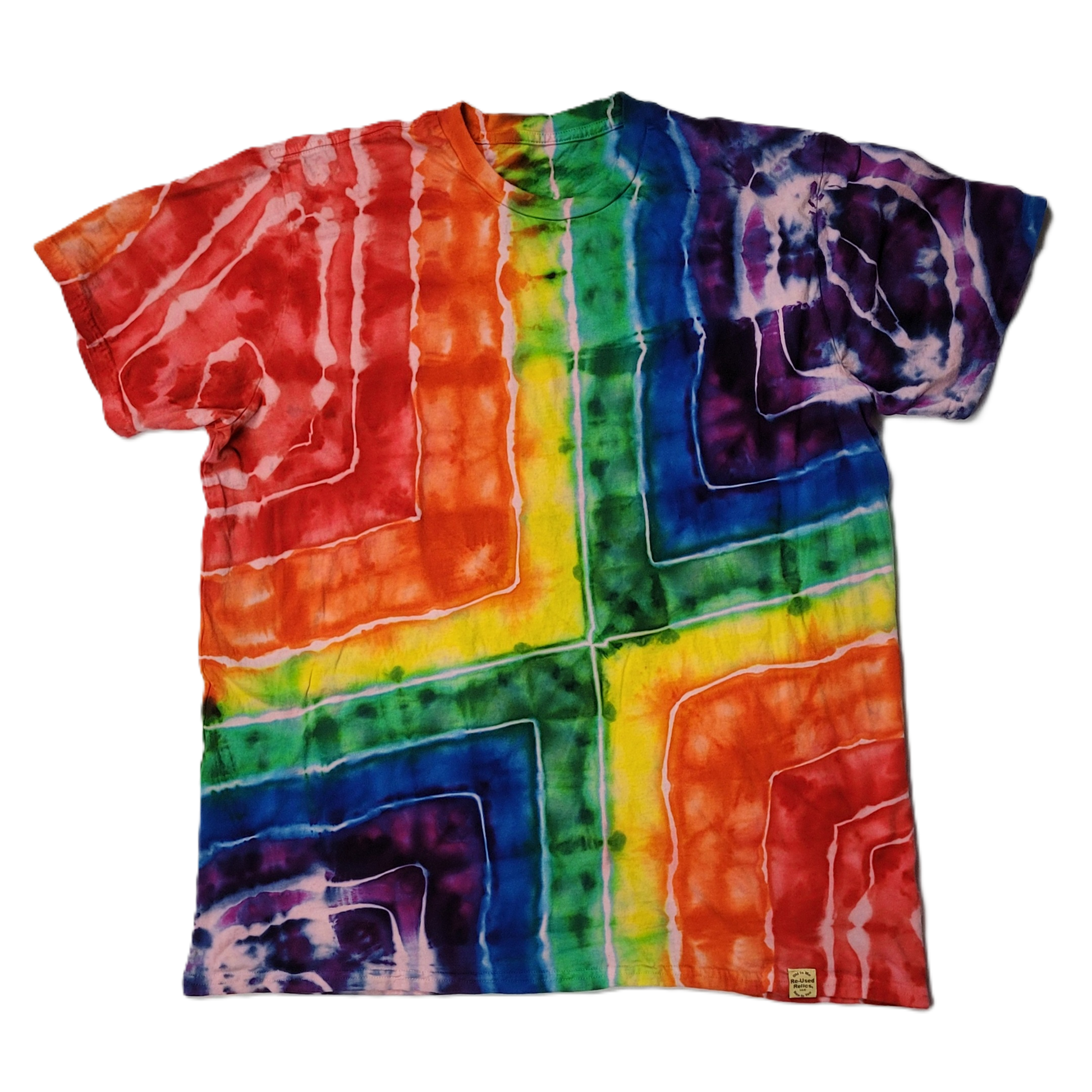 Colorful tie-dye t-shirt with a geometric pattern on a white background