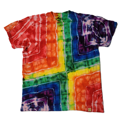 Colorful tie-dye t-shirt with a geometric pattern on a white background