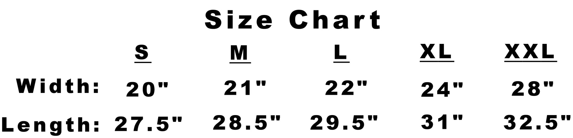 Size chart for width and length with measurements in inches