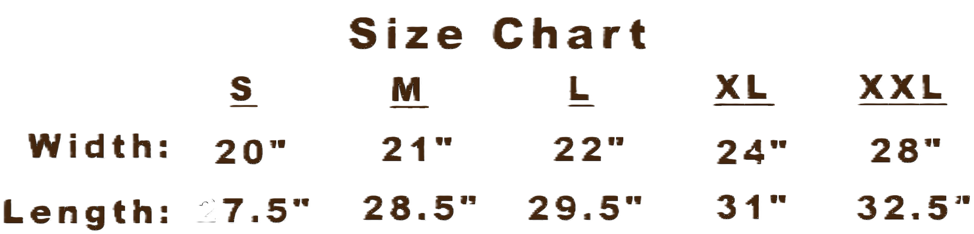 Size chart for width and length with measurements in inches