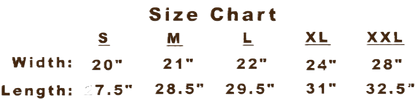 Size chart for width and length with measurements in inches