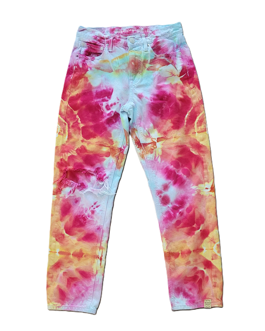 Tequila Sunrise Upcycled Distressed Denim Jeans – Adult, Ladies, Size 2