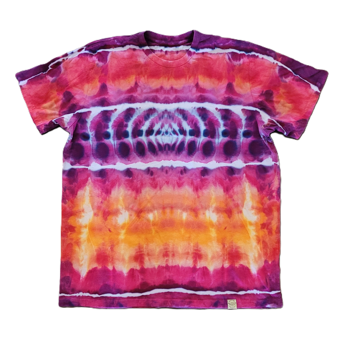 Tie-dye t-shirt with a vibrant pattern on a white background