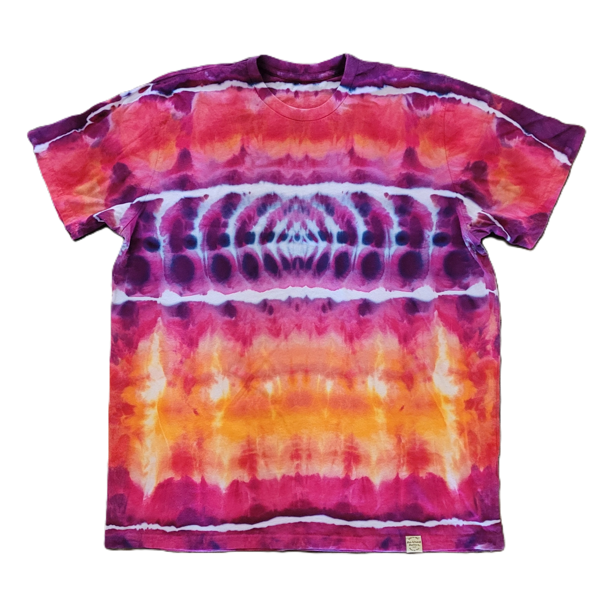 Tie-dye t-shirt with a vibrant pattern on a white background