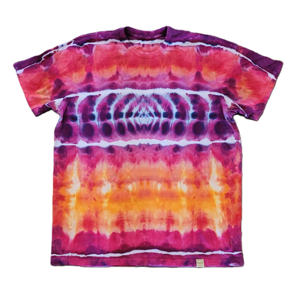 Tie-dye t-shirt with a vibrant pattern on a white background
