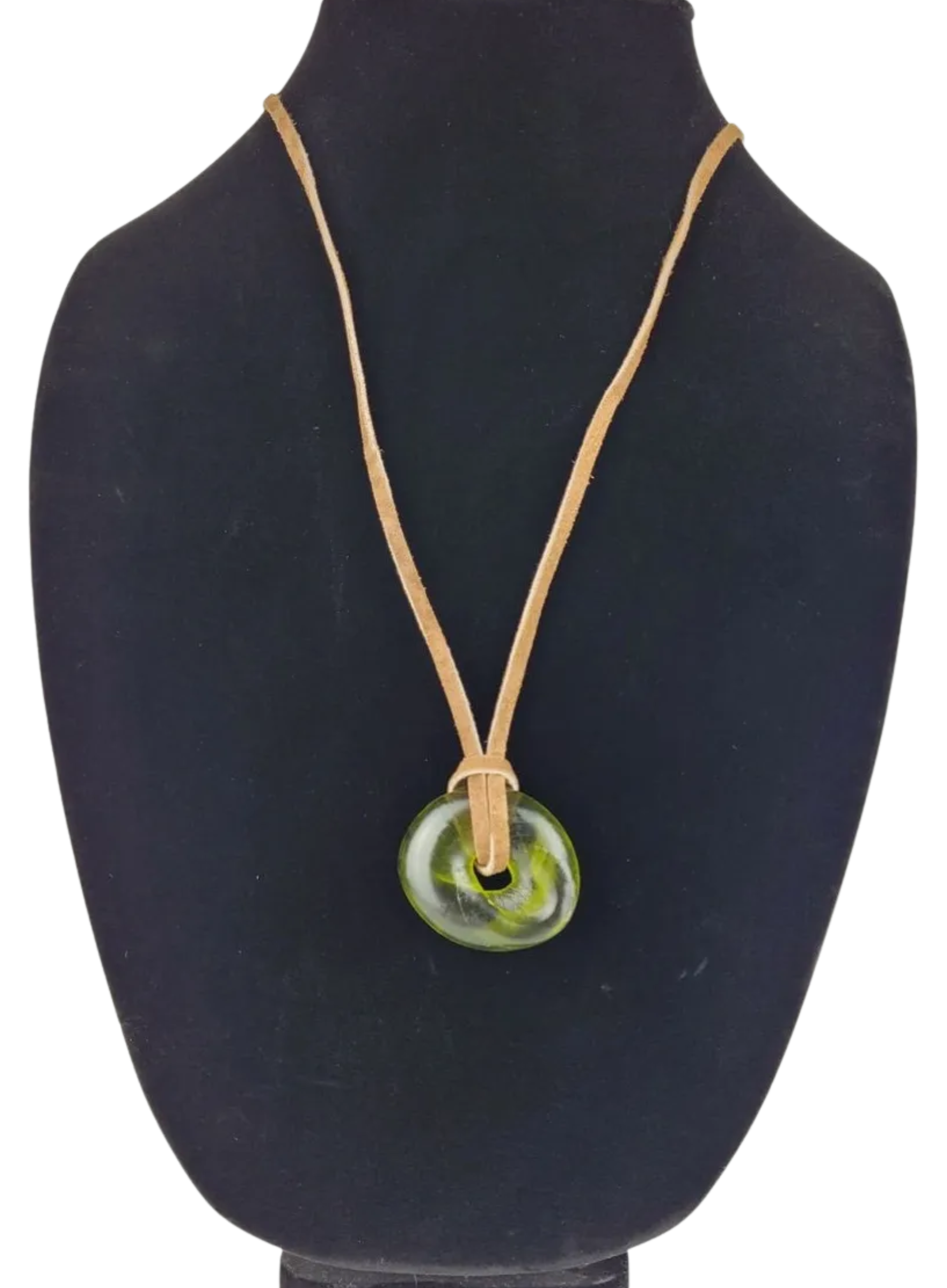Necklace with a green pendant on a black mannequin bust