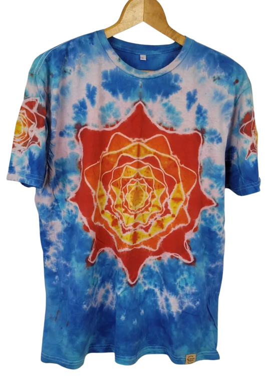 Tie-dye t-shirt with a red and yellow geometric design on a white background