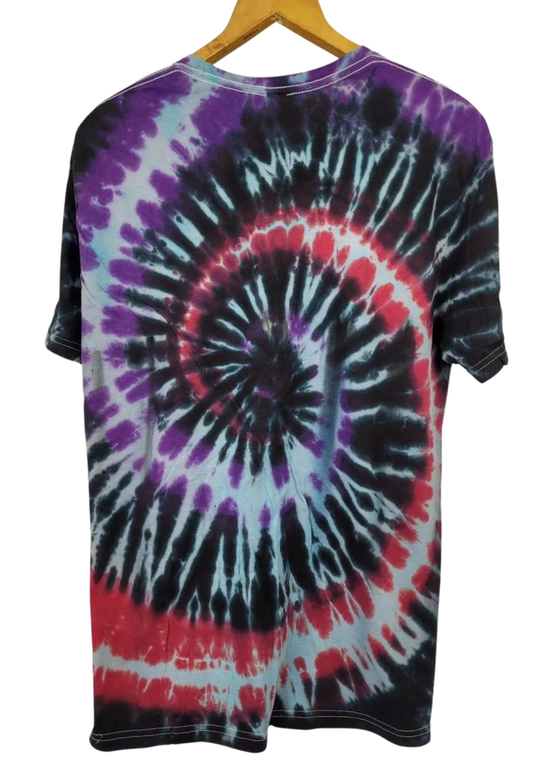 Tie-dye t-shirt with a spiral pattern on a hanger