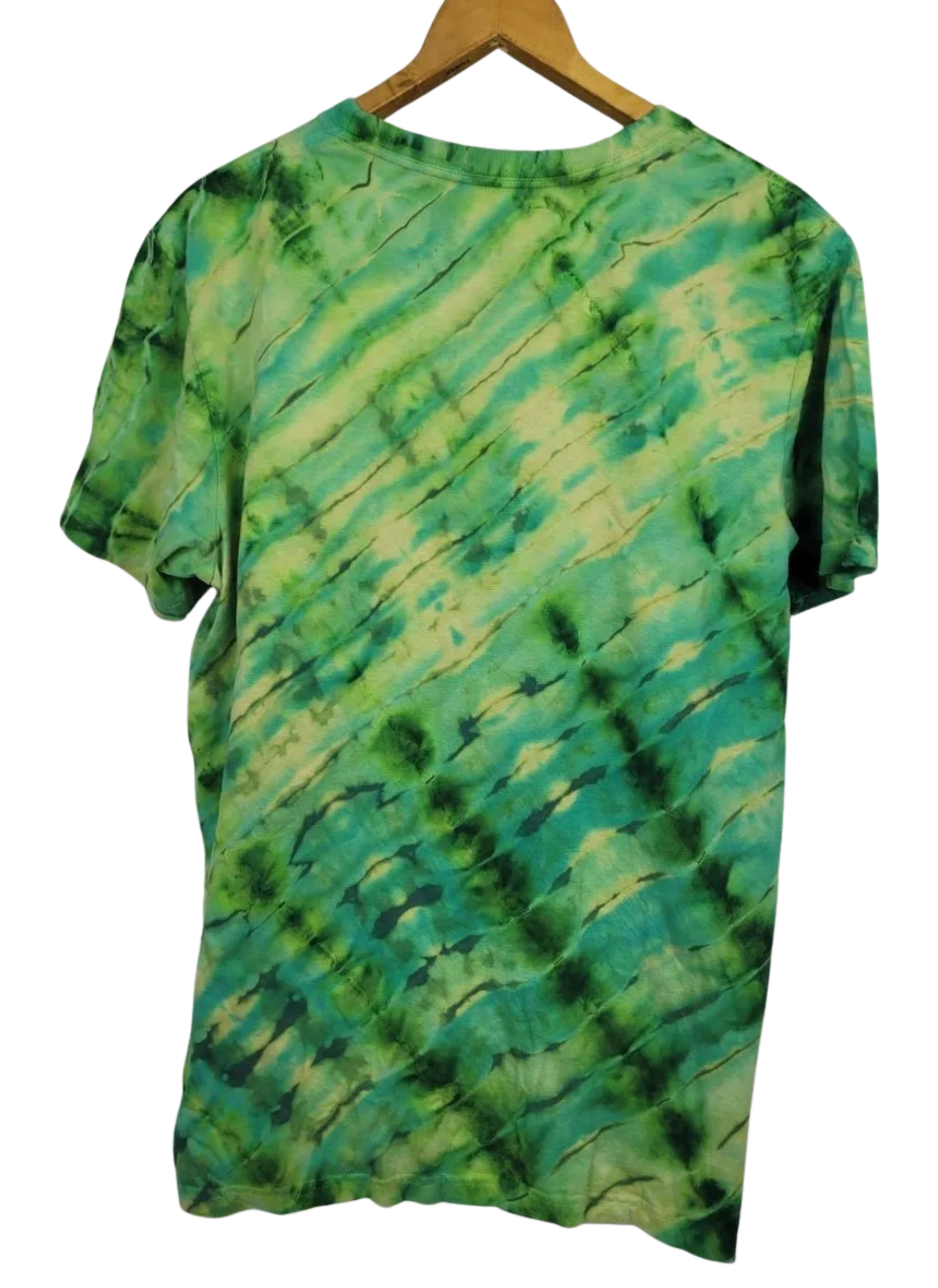 Green tie-dye shirt on a hanger against a white background