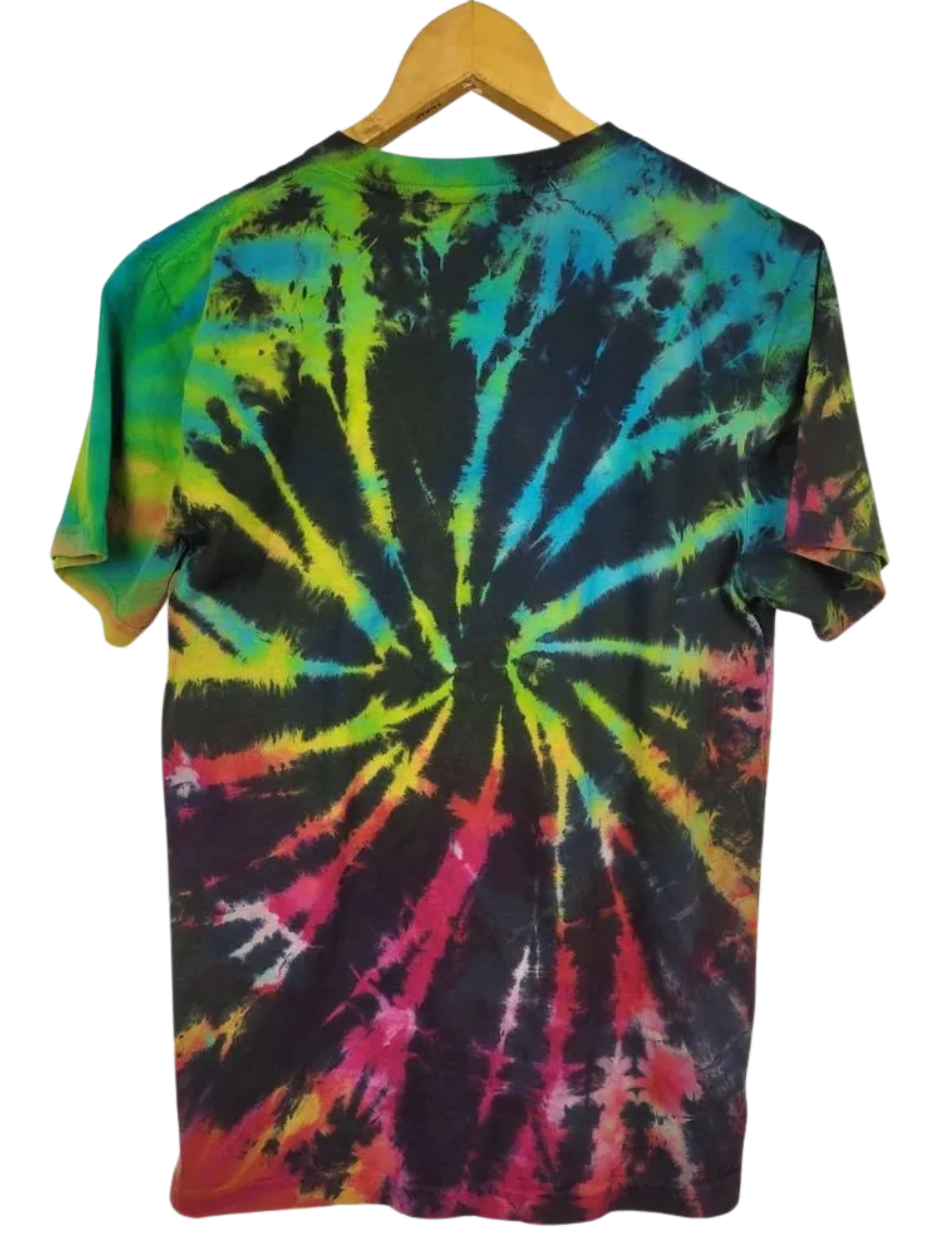 Tie-dye t-shirt with a colorful spiral pattern on a white background