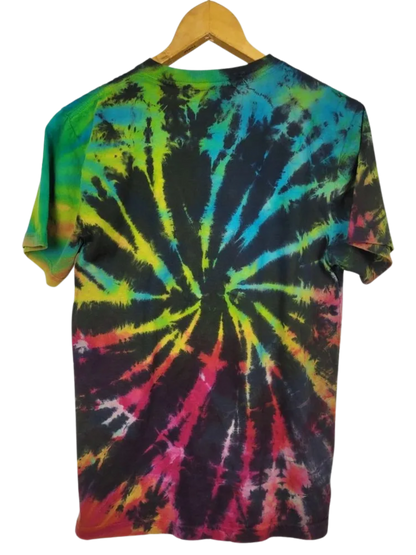 Tie-dye t-shirt with a colorful spiral pattern on a white background