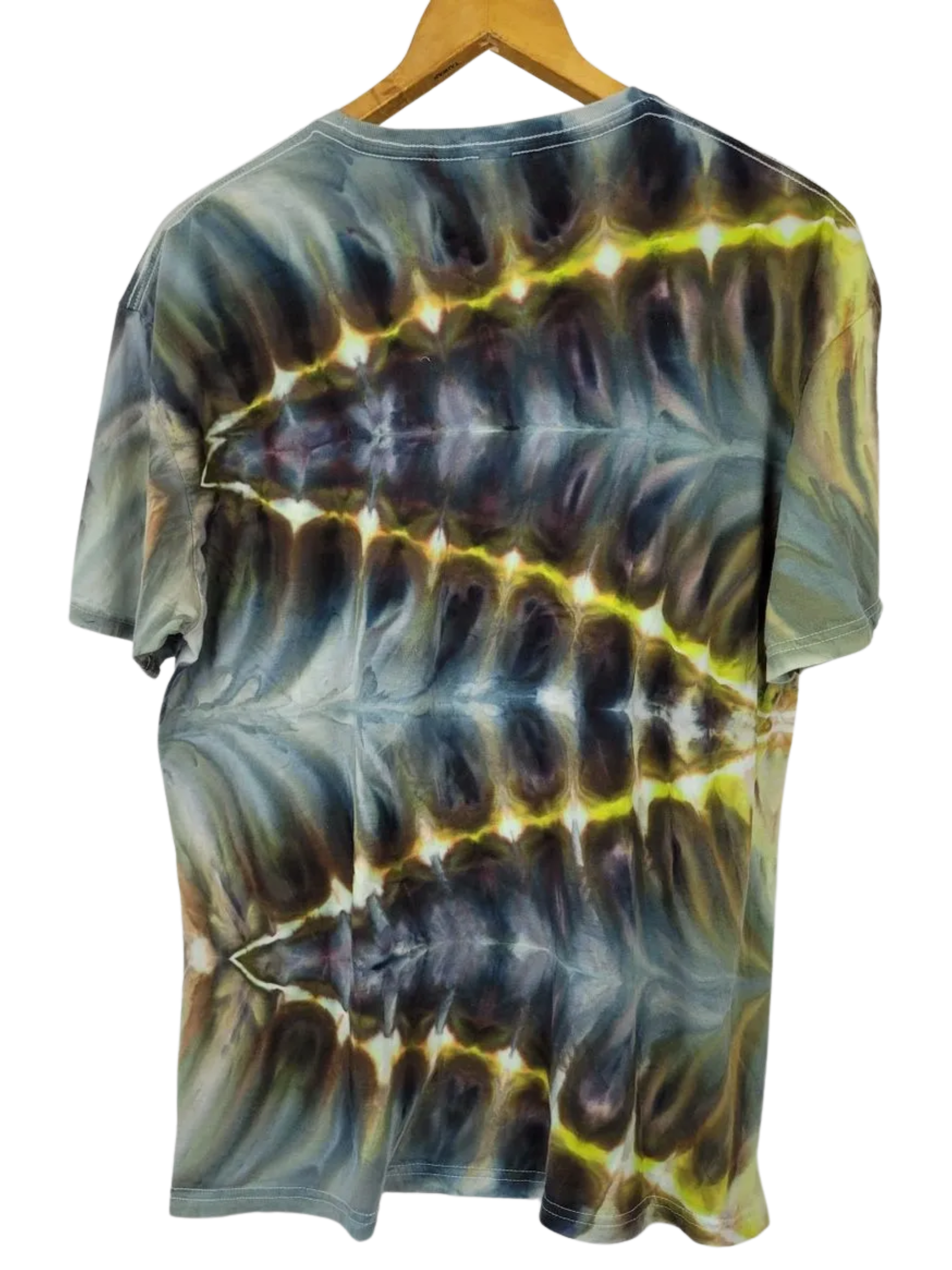 Tie-dye t-shirt on a hanger with a white background