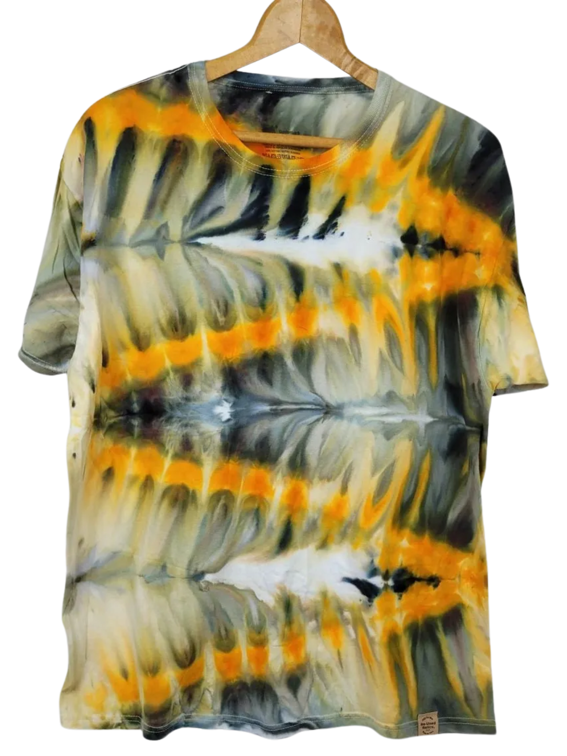 Tie-dye t-shirt with orange, black, and gray pattern on a hanger
