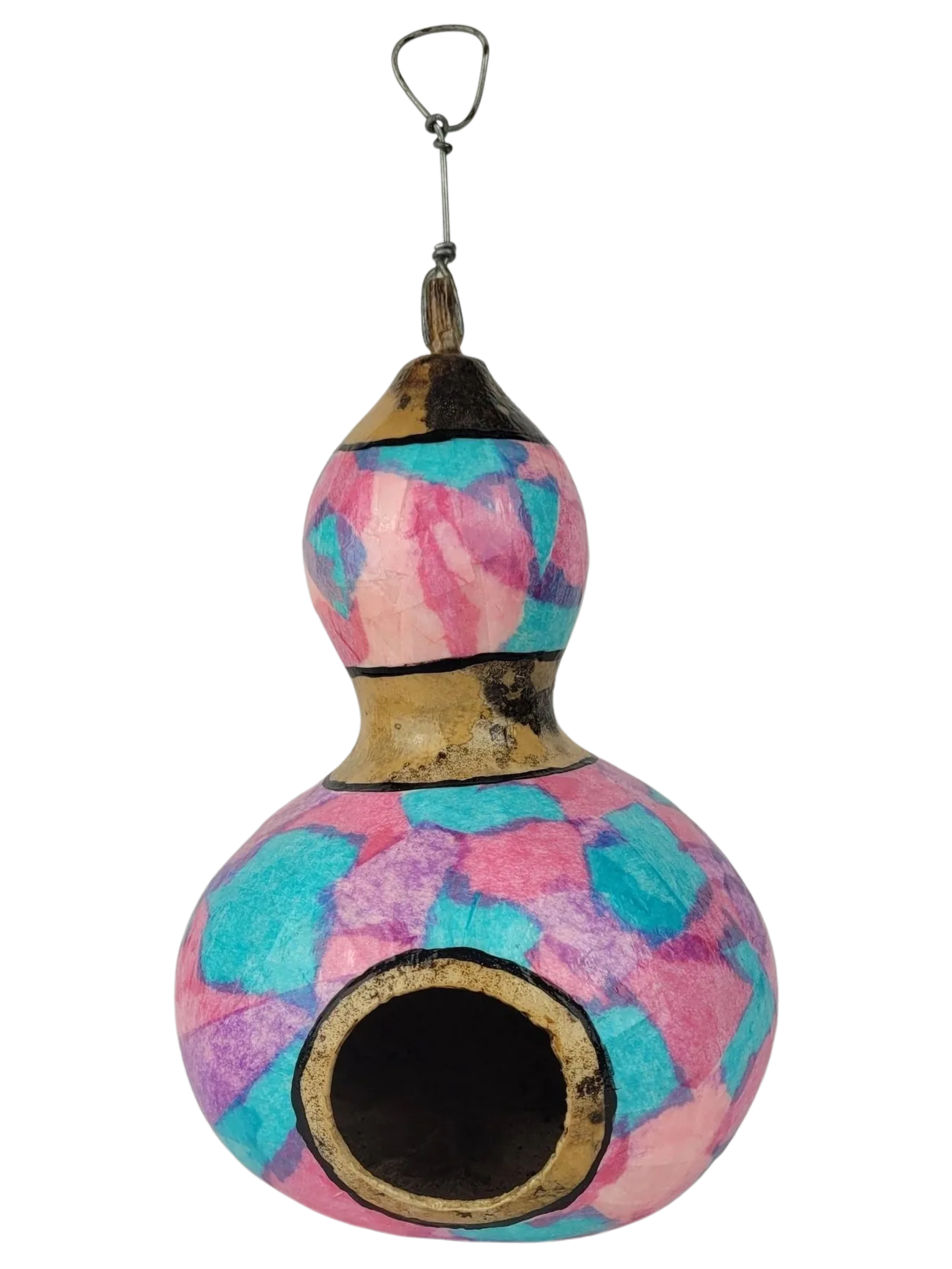 Decorative gourd birdhouse with tie-dye pattern on a white background
