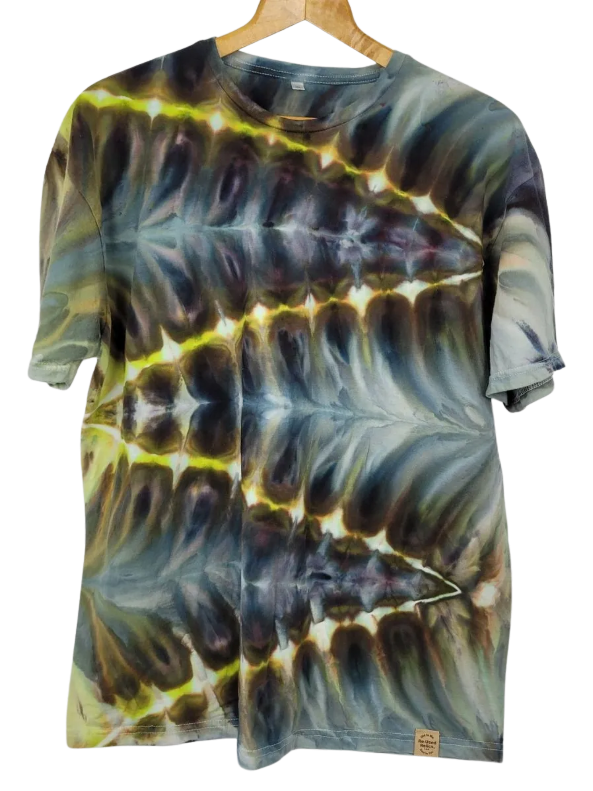 Tie-dye t-shirt on a hanger with a white background