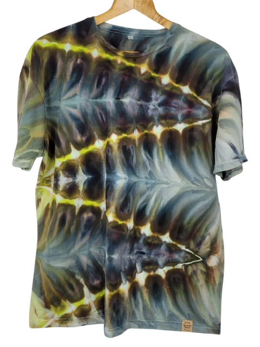 Tie-dye t-shirt on a hanger with a white background
