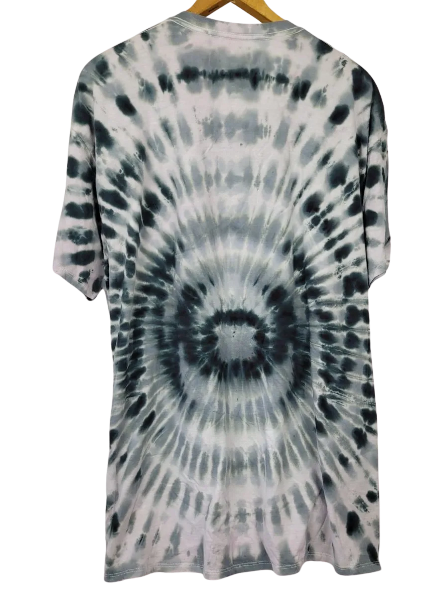 Tie-dye t-shirt with a spiral pattern on a white background