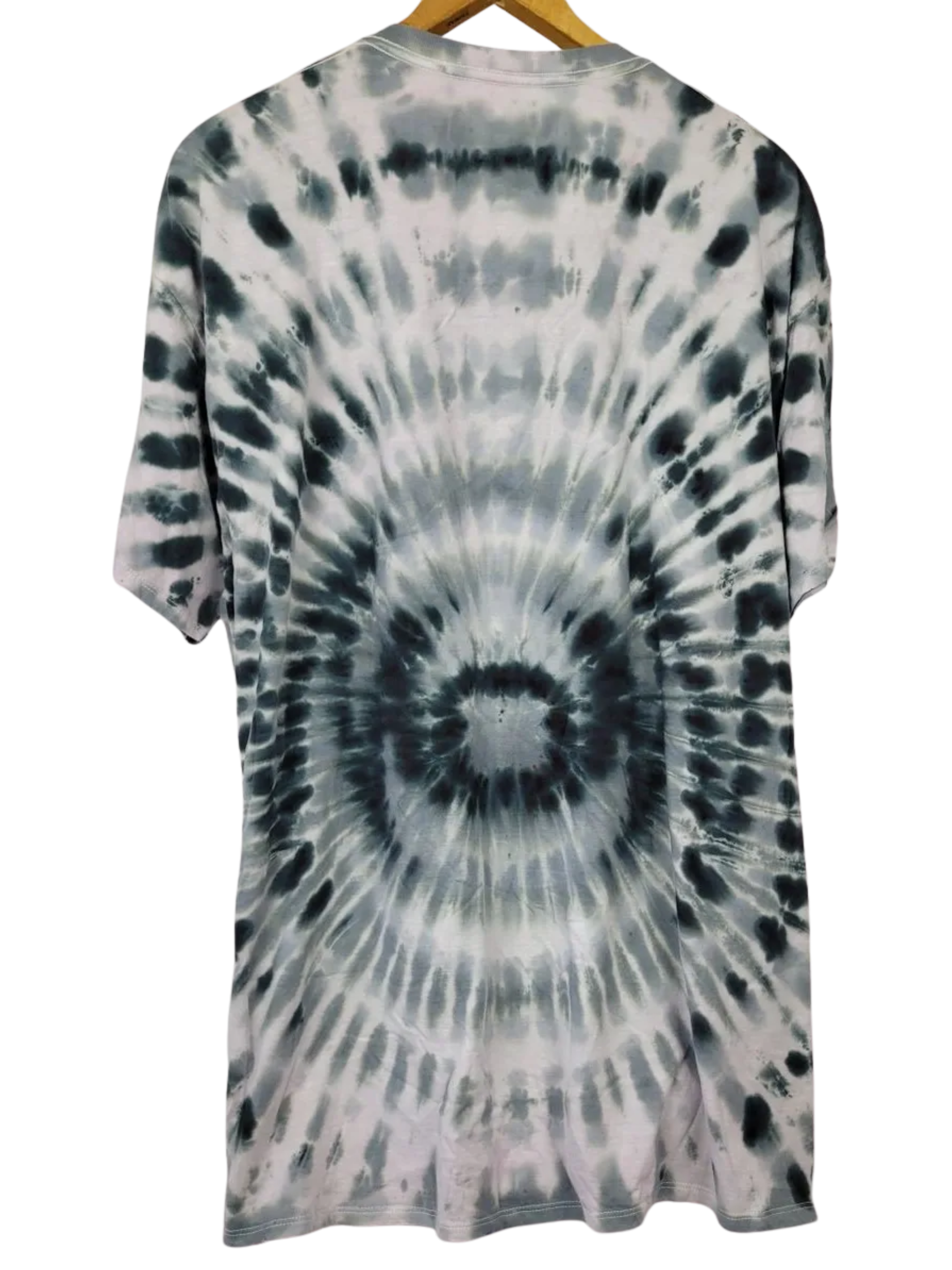 Tie-dye t-shirt with a spiral pattern on a white background