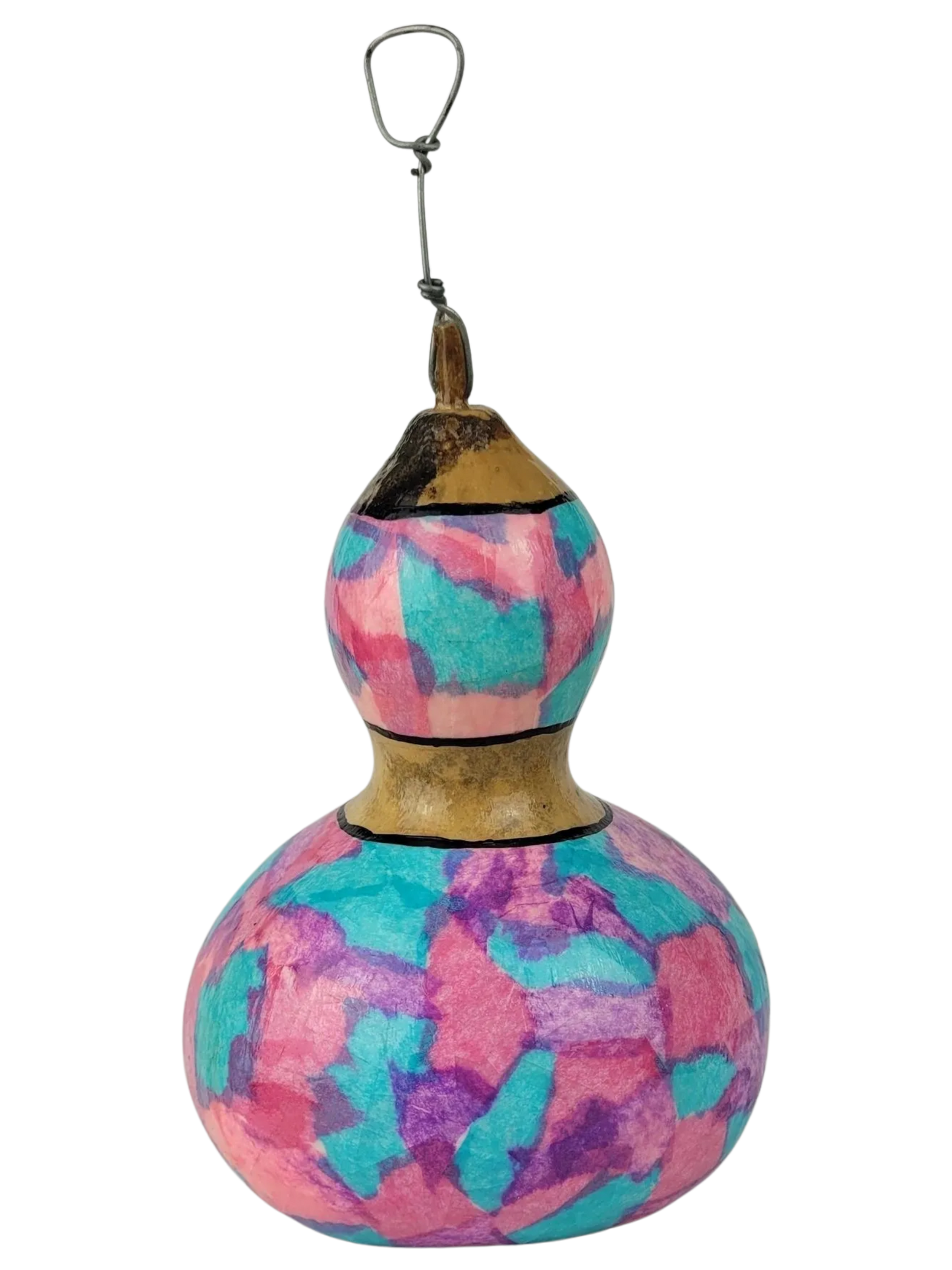Colorful gourd-shaped birdhouse with a hook on a white background