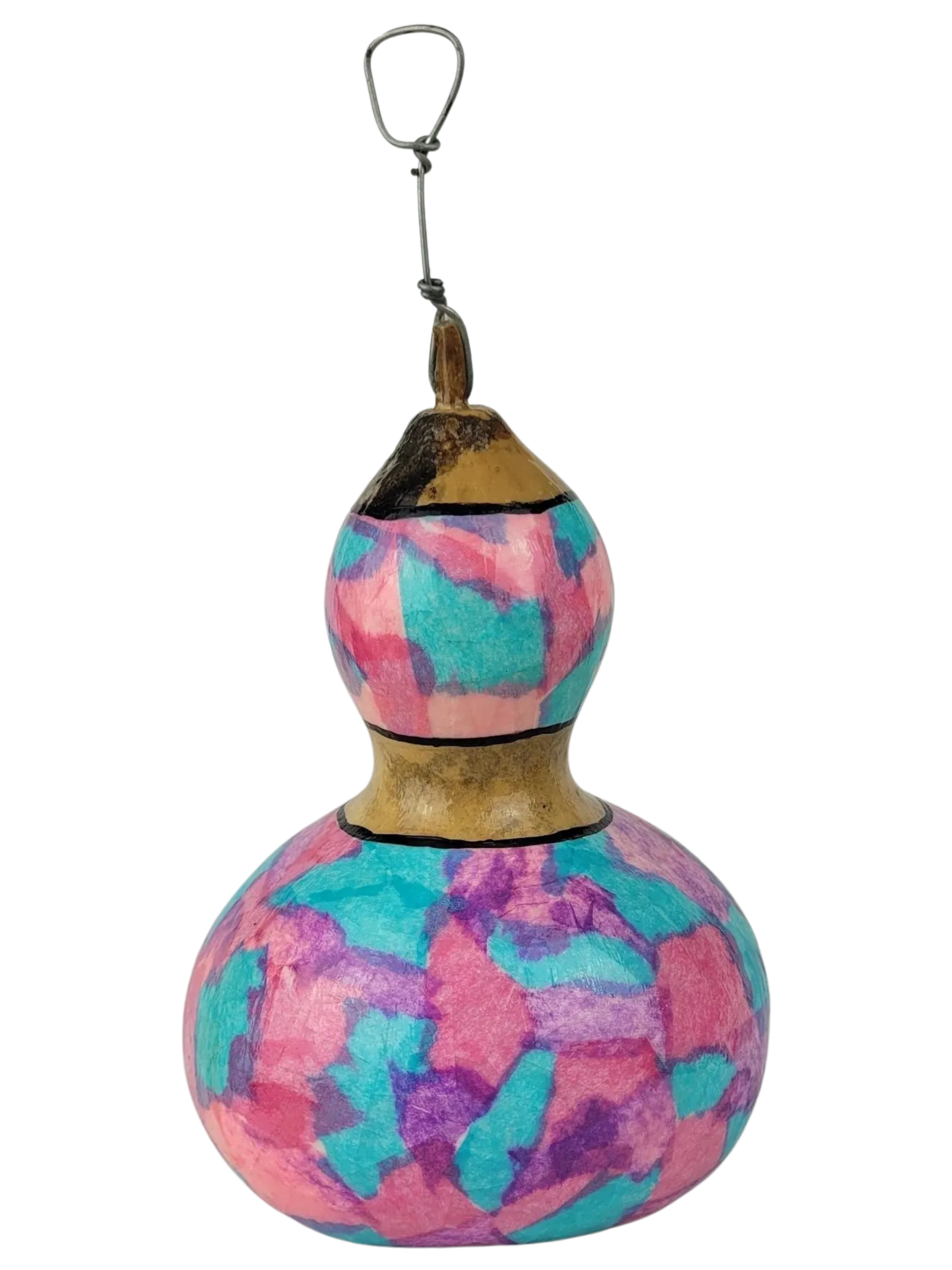 Colorful gourd-shaped birdhouse with a hook on a white background
