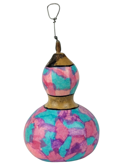 Colorful gourd-shaped birdhouse with a hook on a white background