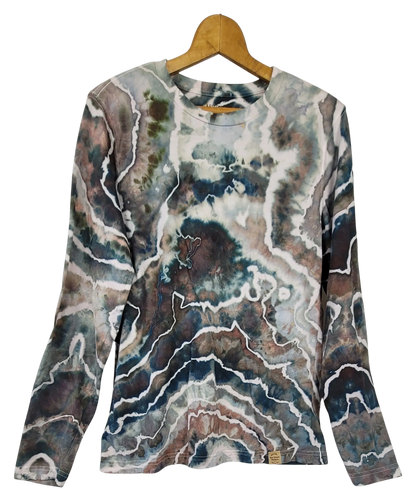 Long-sleeve shirt with a tie-dye pattern on a hanger against a white background