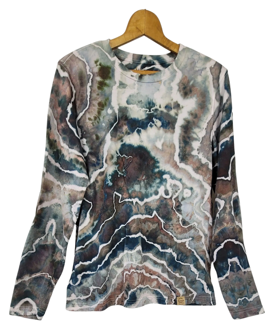 Long-sleeve shirt with a tie-dye pattern on a hanger against a white background