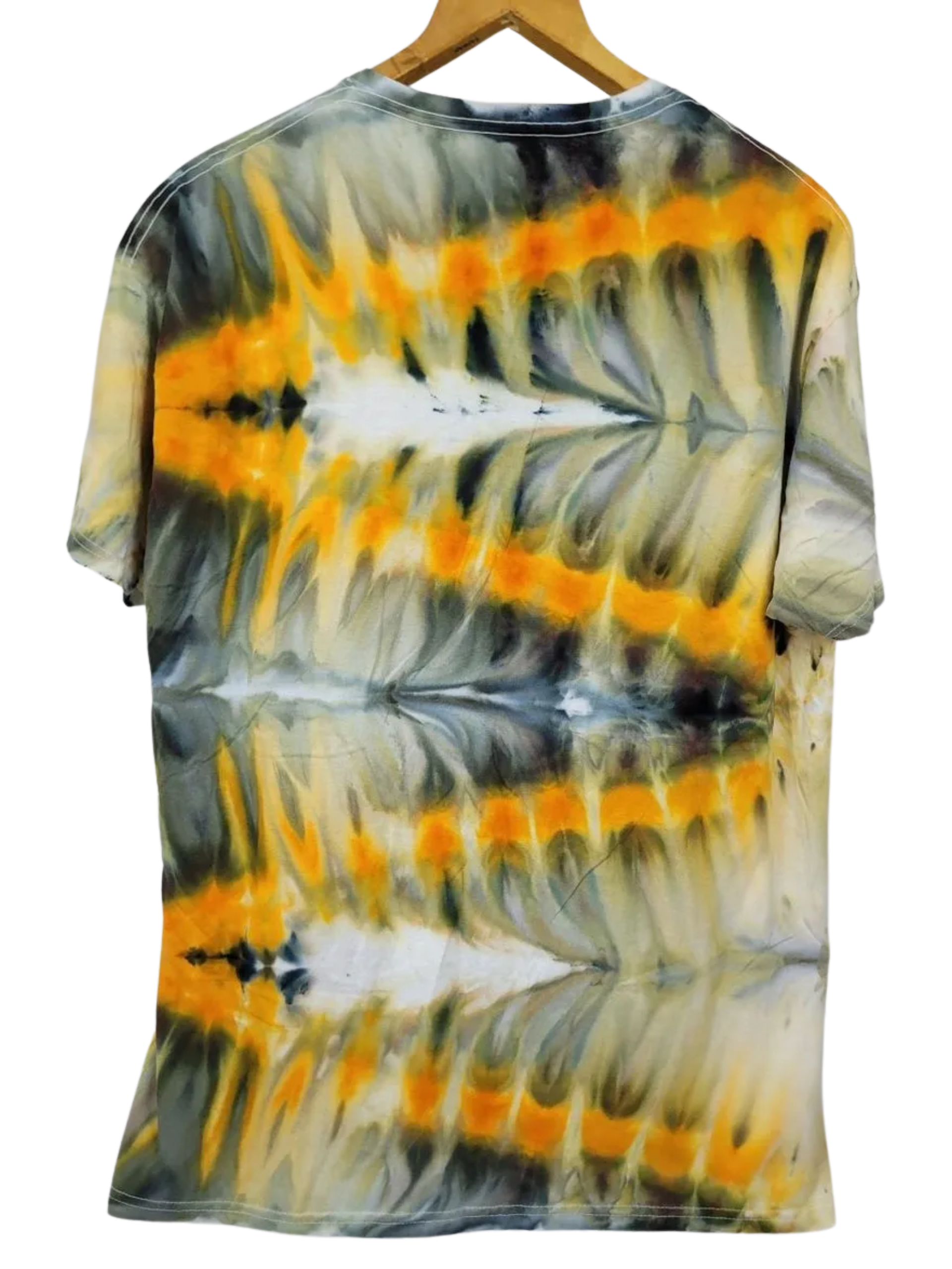 Tie-dye shirt with orange, black, and white pattern on a hanger