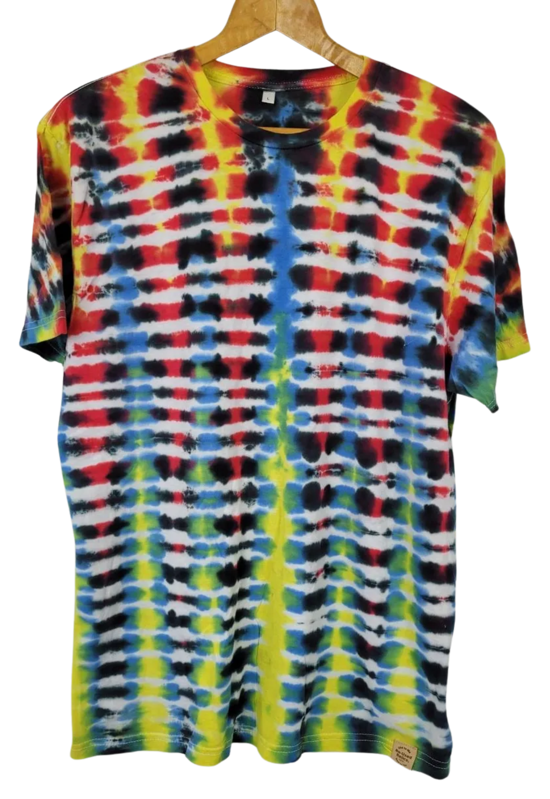 Multicolored tie-dye t-shirt on a hanger against a white background