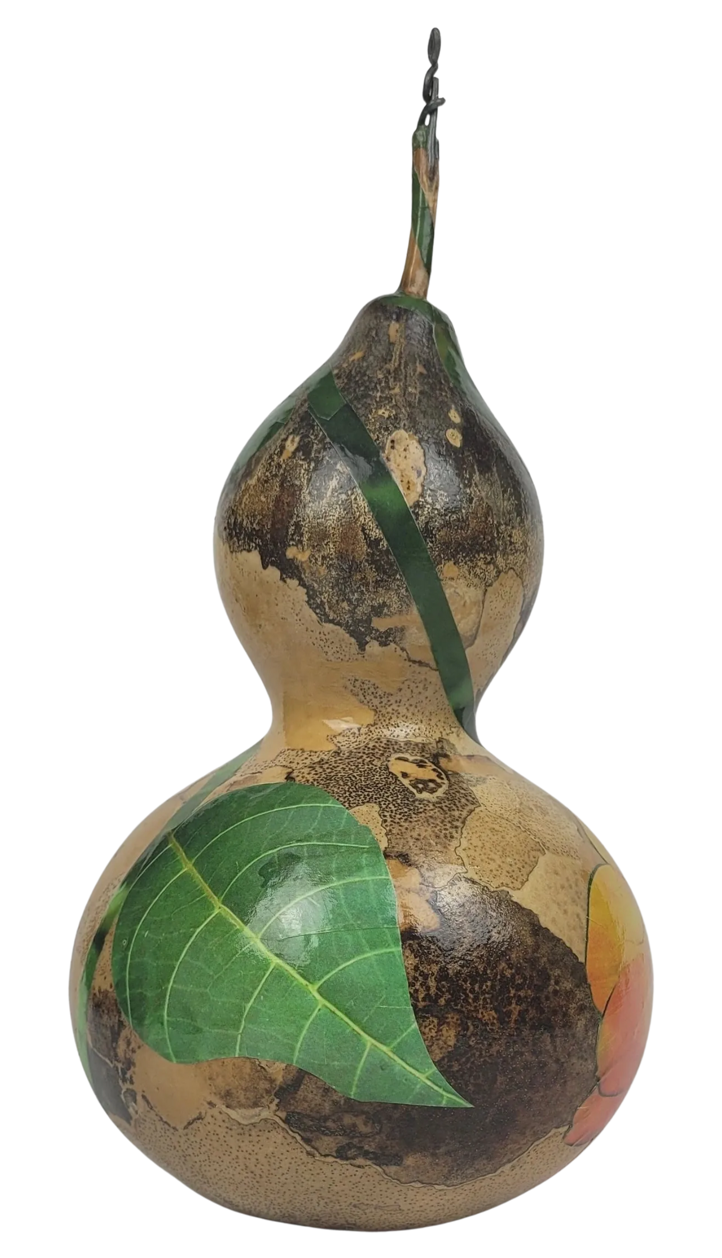 Decorative gourd with a green leaf on a white background