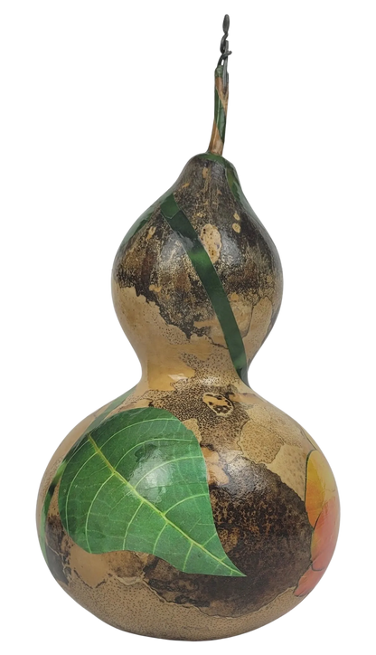 Decorative gourd with a green leaf on a white background