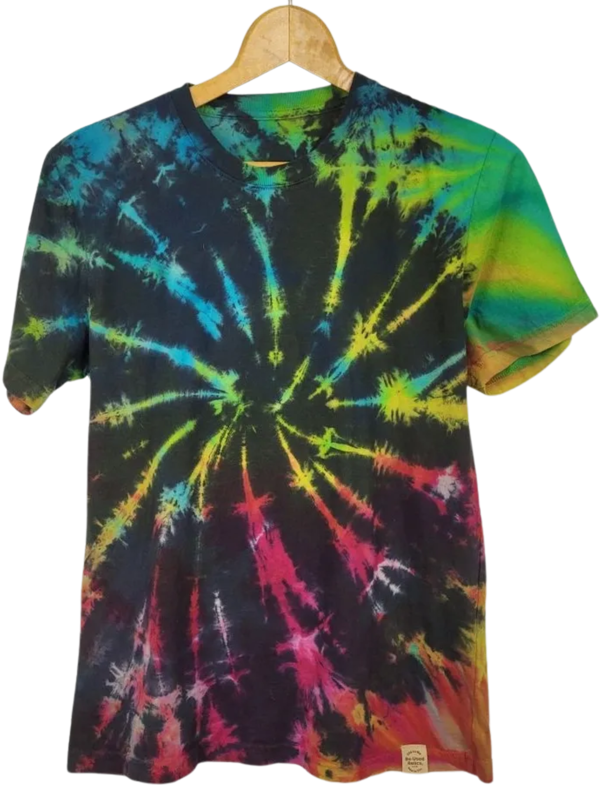 Tie-dye t-shirt with multicolor spiral pattern on a hanger