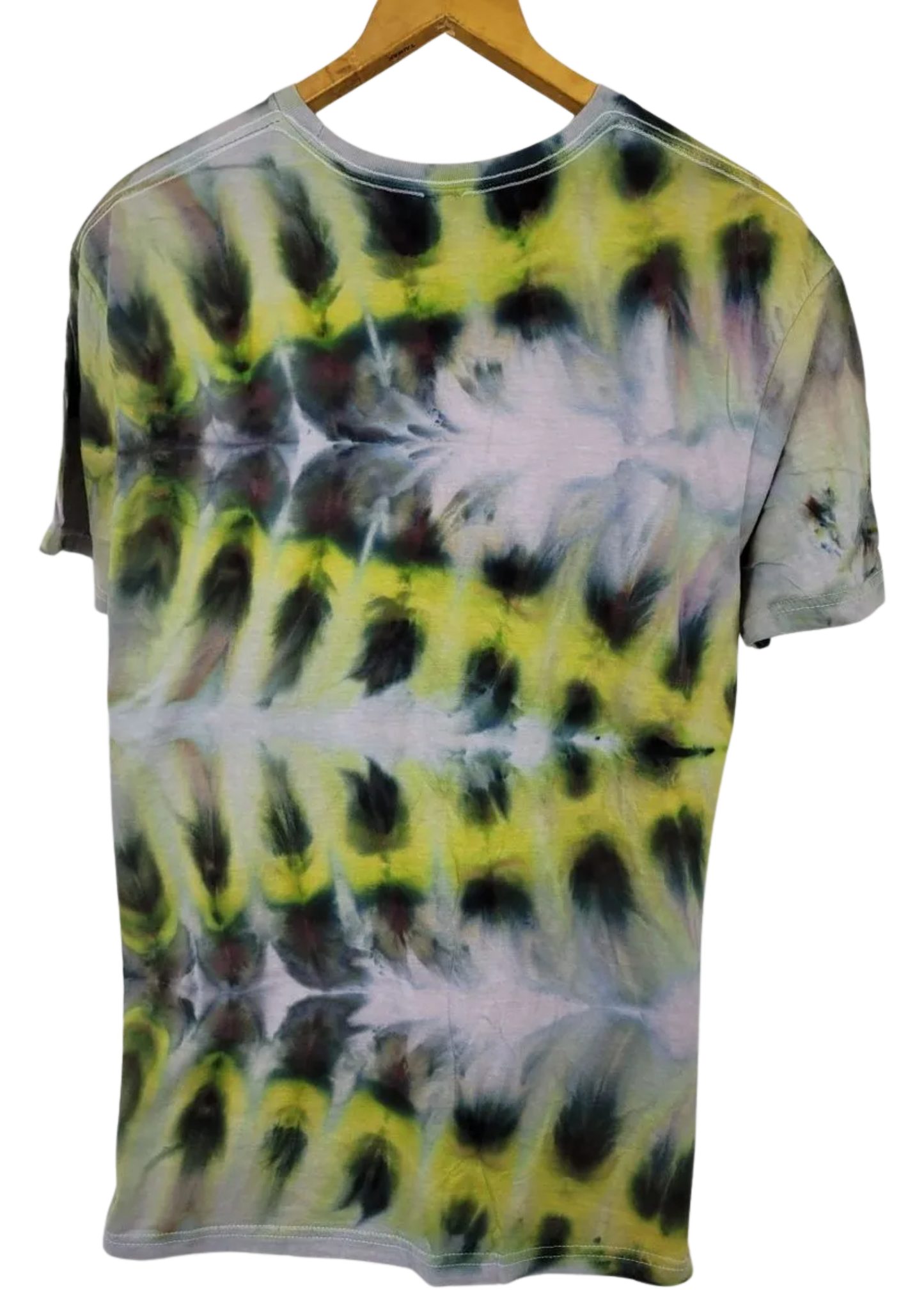 Tie-dye t-shirt with a hanger on a white background