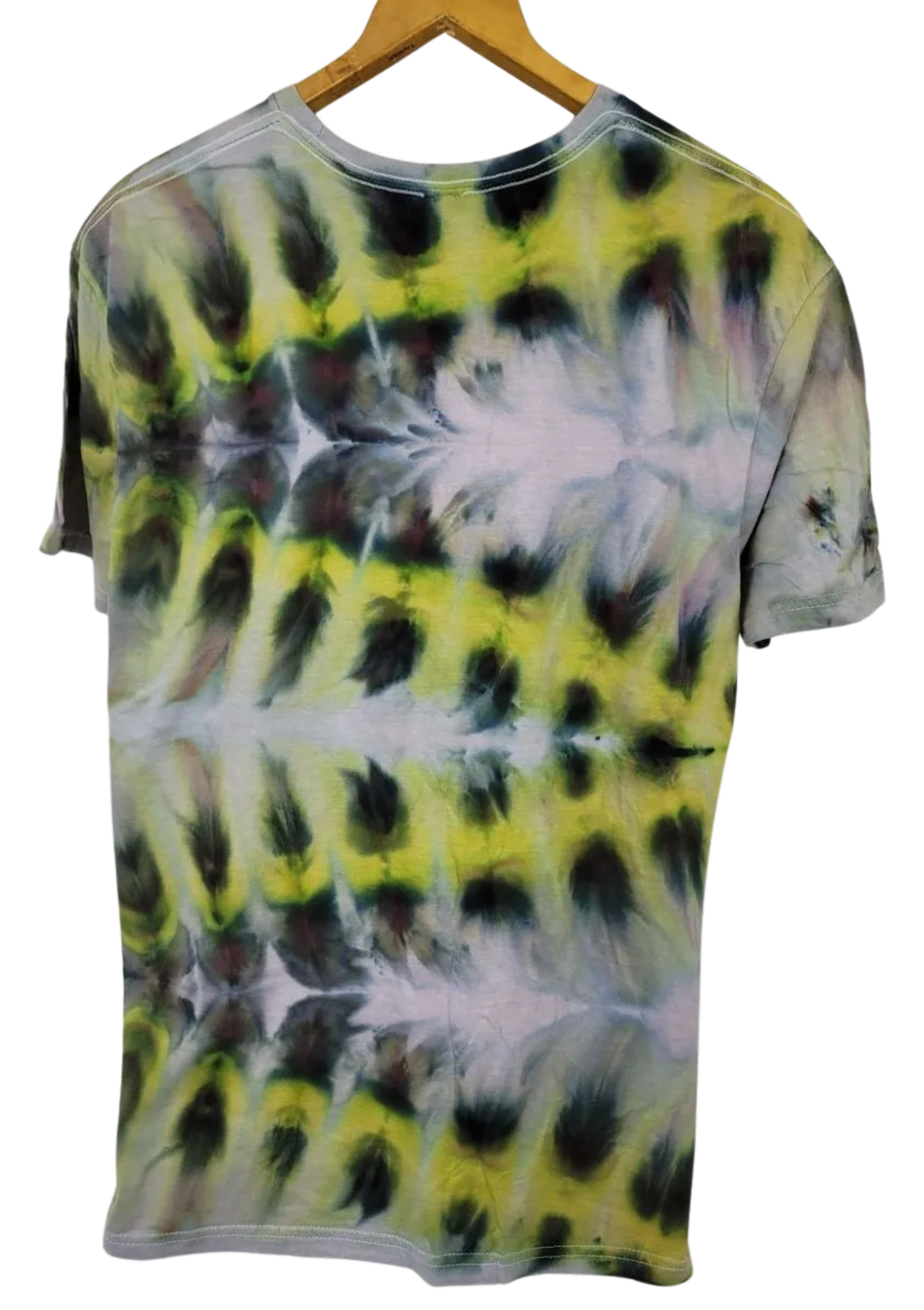 Tie-dye t-shirt with a hanger on a white background